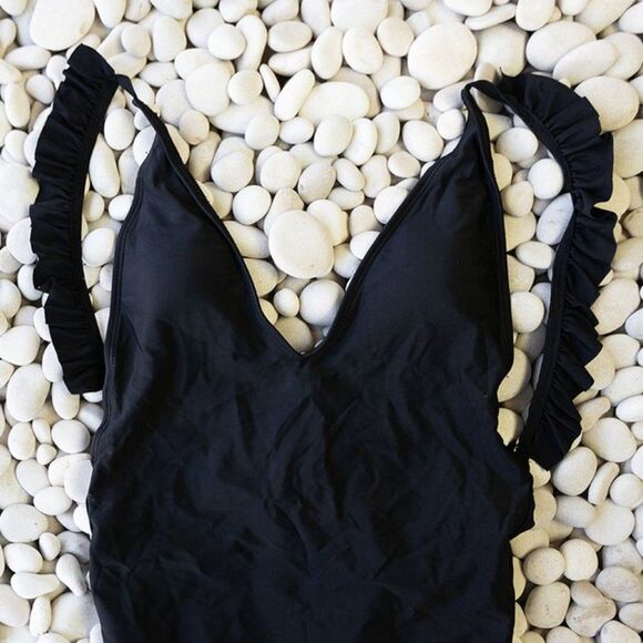 NWT Large, Ruffle Trim, Low V-Neck Low Back One Piece Swimsuit in black - Picture 6 of 12